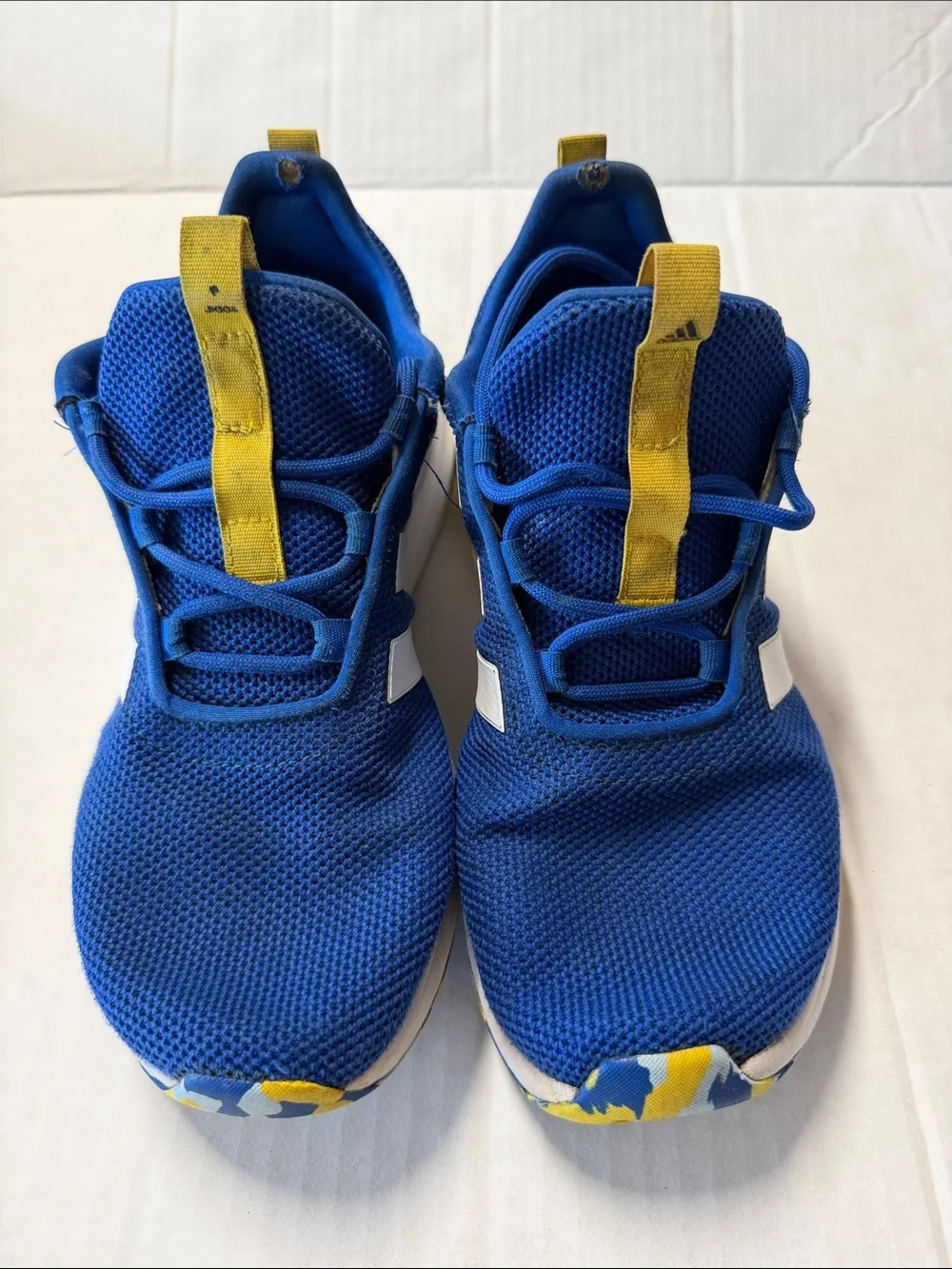 adidas Kids Blue Mesh Sneakers with White Stripes and Yellow Accents